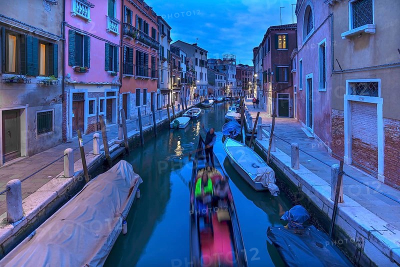 Gondola in the evening in a side canal in the Dorsoduro district, Venice, Veneto, Italy