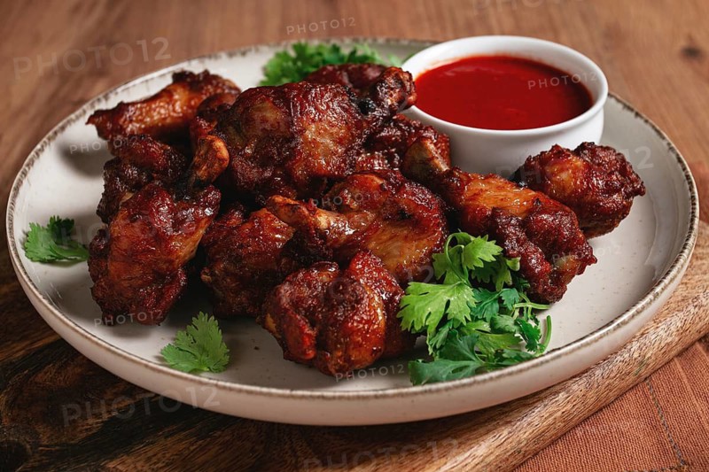 Juicy fried chicken pieces, served with spicy dipping sauce, on a rustic wooden table