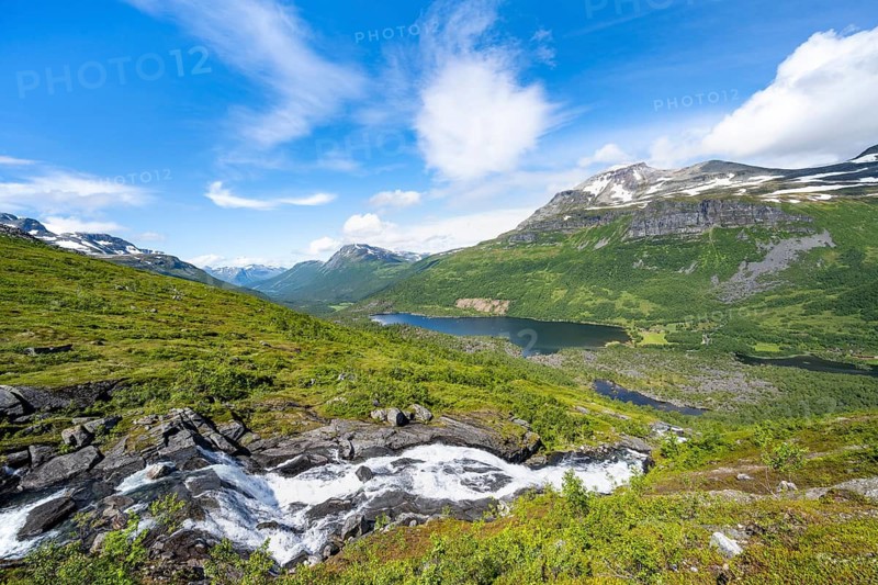 View of Innerdalen high valley with mountain landscape and lake Innerdalsvatna, waterfall on the river Flou, high valley, Sunndal, Møre og Romsdal, Vestlandet, Norway