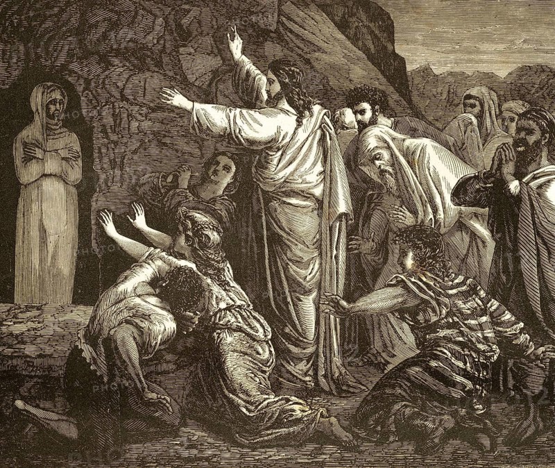 Lazare, come out and the deceased came out. The Resurrection of Lazarus, chapter 11, verses 43 and 44, Gospel of John, New Testament, resurrection, life, death, awakening, grave, burial cloths, linen cloth, sweat cloth, Jesus, people, rocks, cave, miracles, kneel down, pray, faith, Bible, historical illustration 1850