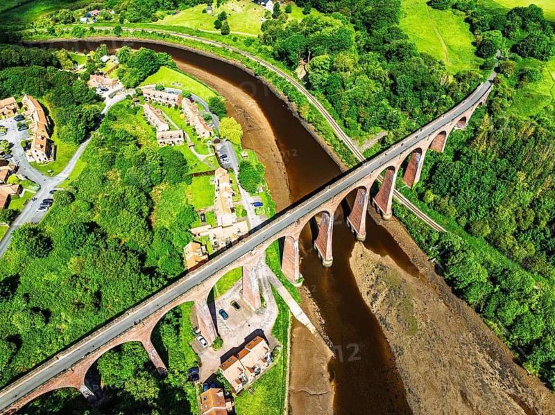 Larpool Viaduct over River Esk and Esk Valley Viaduct from a drone, Whitby, North Yorkshire, England, United Kingdom