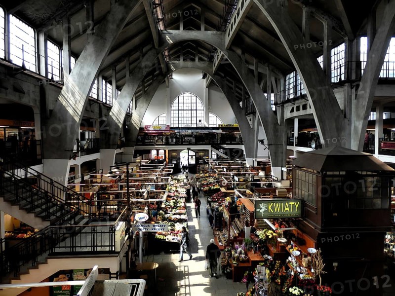 Bustling market hall No. 1 in Wroclaw with stalls and impressive architecture, Wroclaw, Poland