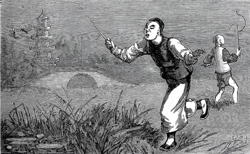 China in 1898, boys try to hit dragonflies with a whip, illustration, reproduction from a 19th century model. Authentic, file restored for optimal use, exact date of submission unknown, historical