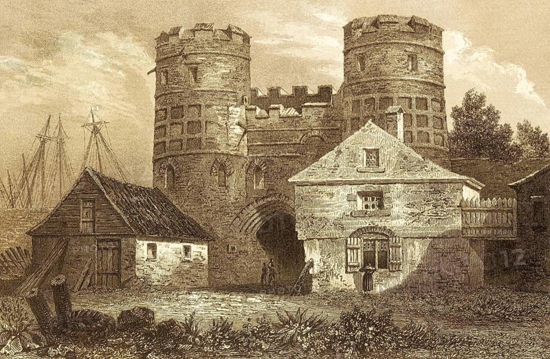 The southern city gate, Great Yarmouth, county of Norfolk, Plantagenets period, medieval city wall, round towers, fortification, battlements, houses, ships, masts, port, North Sea, residents, England, Great Britain, steel engraving, historical illustration 1842