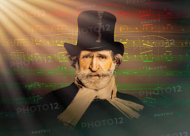 Giuseppe Verdi, 1813 – 1901, Italian opera composer, autograph notesheet from Don Carlos, digitally edited after a painting of Giovanni Boldini