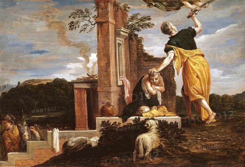 Abraham's Sacrifice of Isaac (1654-56), painting by David Teniers (baptised 15 December 1610 in Antwerp, died 25 April 1690 in Brussels), Flemish painter, draughtsman and curator. He was an innovator in a variety of genres such as history painting, genre painting, landscape, portrait and still life. He is most remembered today as the leading Flemish genre painter of his time, reproduction from a 17th century painting. Authentic, file restored for optimal use, exact date of original unknown