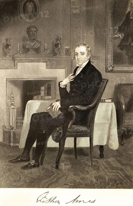 Fisher Ames (1758-1808) politician, representative of Massachusetts in the US House of Representatives, USA, room, open fireplace, armchair, table, elegant furnishings, books, mantelpiece, painting, sitting, curious look, portrait of famous Americans, signature, artist Alonzo Chappel, steel engraving, historical illustration 1862