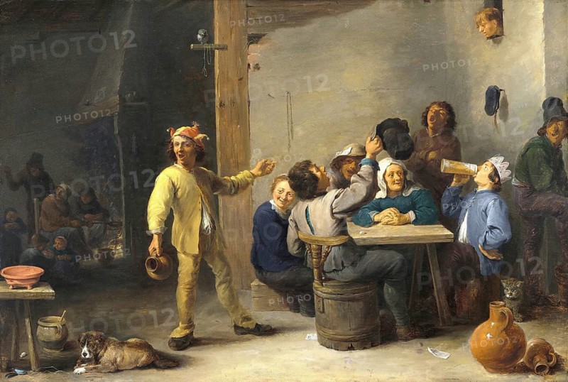 Peasants Celebrating Epiphany (1635), painting by David Teniers (baptised 15 December 1610 in Antwerp, died 25 April 1690 in Brussels), Flemish painter, draughtsman and curator. He was an innovator in a variety of genres such as history painting, genre painting, landscape, portrait and still life. He is most remembered today as the leading Flemish genre painter of his time, reproduction from a 17th century painting. Authentic, file restored for optimal use, exact date of original unknown