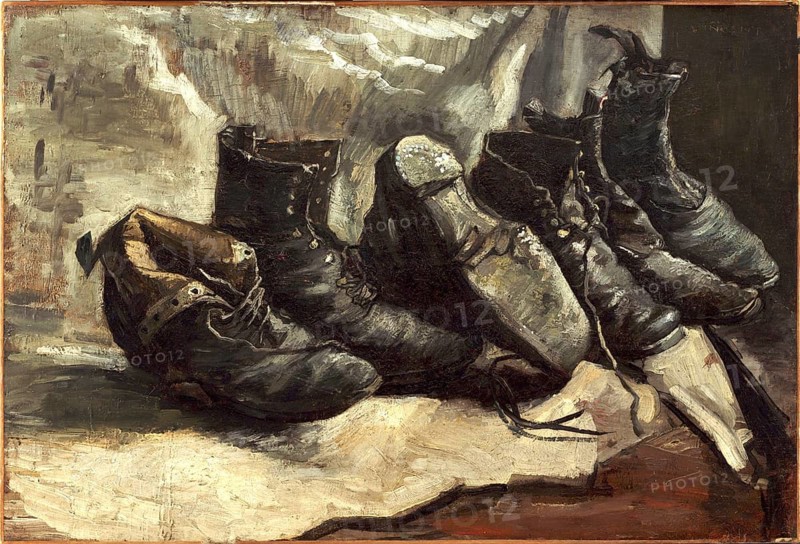 Three pairs of shoes (1886), Three pairs of shoes (1886), Painting by Vincent Willem van Gogh (born 30 March 1853 in Groot-Zundert, died 29 July 1890 in Auvers-sur-Oise), Dutch painter and draughtsman, one of the founders of modern painting, Illustration, Reproduction from a painting. Authentic, exact date of the original unknown, Historical, Some worn brown leather shoes lying next to each other in a realistic style