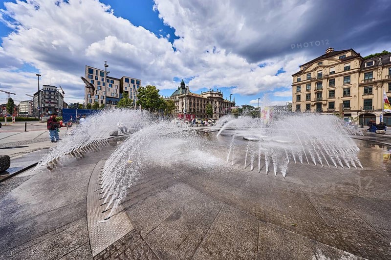 Fountain, water fountain, general architecture, residential and commercial buildings, Stachus roundel, neo-baroque style, pedestrian zone, blue sky, white and dark gray cumulus clouds, Stachus, Karlsplatz, Munich, state capital, district-free city, Bavaria, Germany