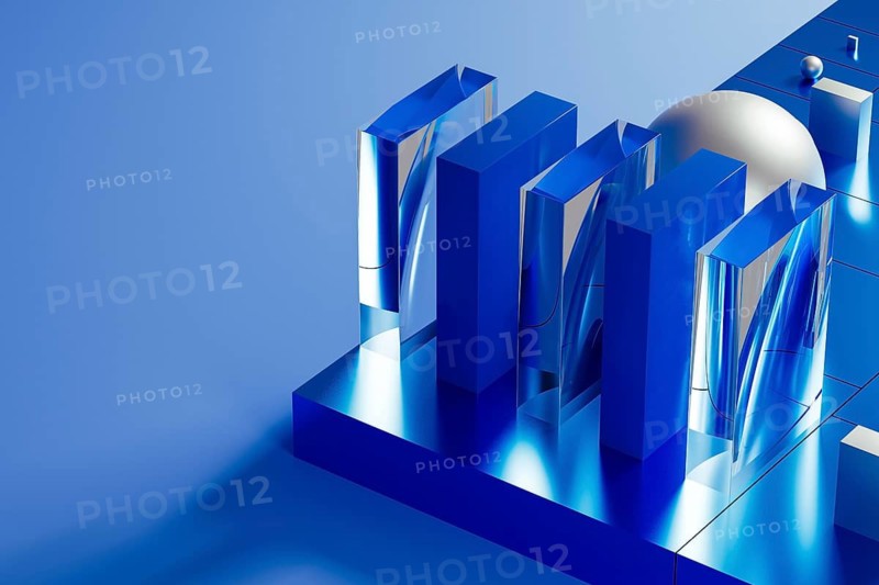 An array of geometric forms cast in blue illuminates a stunning 3D technological environment, showcasing reflective surfaces and intricate designs