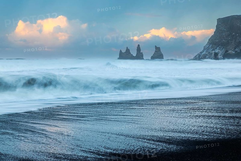 Reynisdrangar pinnacles, lava sandy beach, waves, sea, clouds, winter, Vik, Iceland, Scandinavia