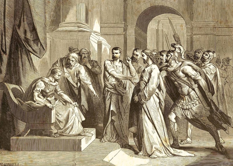 Are you the Jew King? Jesus stands in front of Pontius Pilate, chapter 18, verse 33, Gospel of John, New Testament, Roman governor, judgement, anger, judgment, arrest, judge, indictment, prisoner, judgement, warrior, weapons, sword, armor, Bible, historical illustration 1850