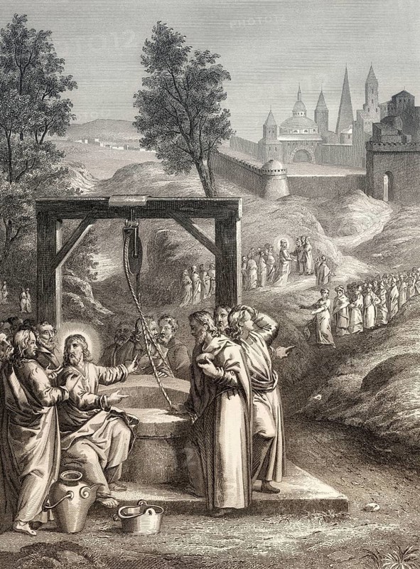 Jesus talks with a Samaritan woman, the Samaritan woman returns, New Testament, Steel engraving 1853, digitally restored