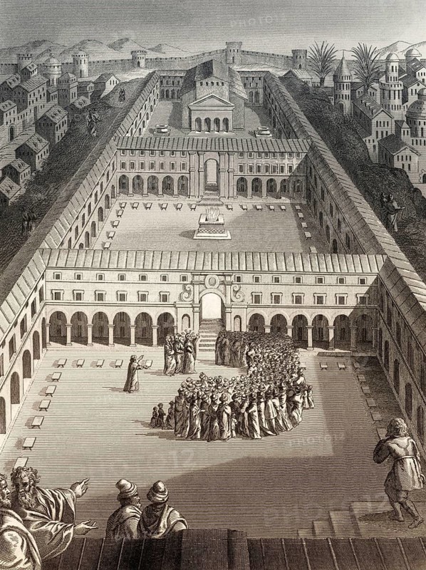 The parable of the Pharisee and the Publican, Second Temple, Jerusalem, New Testament, steel engraving 1853, digitally restored
