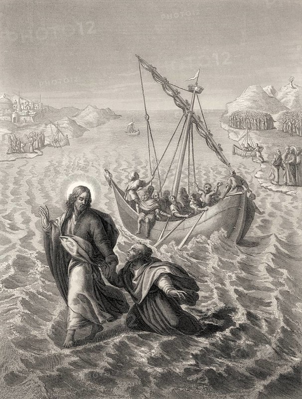 Jesus walking on the water, New Testament, steel engraving 1853, digitally restored