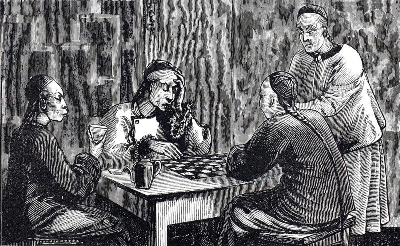 China in 1898, men playing chess, illustration, reproduction of a model from the 19th century. Authentic, file restored for optimal use, exact date of submission unknown, historical