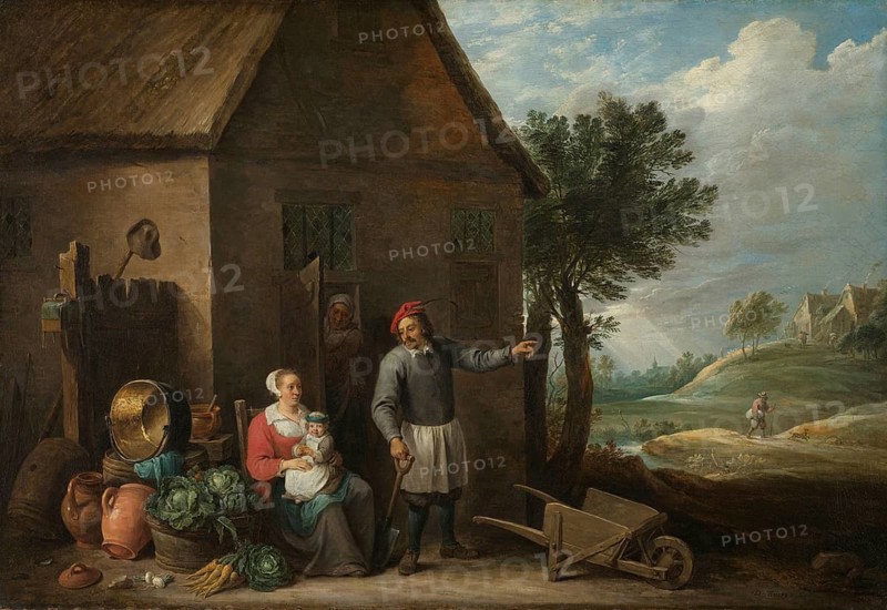 Farmer at a Cottage Door with a Seated Woman and Child (ca. 1650 - ca. 1655), painting by David Teniers (baptised 15 December 1610 in Antwerp, died 25 April 1690 in Brussels), Flemish painter, draughtsman and curator. He was an innovator in a variety of genres such as history painting, genre painting, landscape, portrait and still life. He is most remembered today as the leading Flemish genre painter of his time, reproduction from a 17th century painting. Authentic, file restored for optimal use, exact date of original unknown