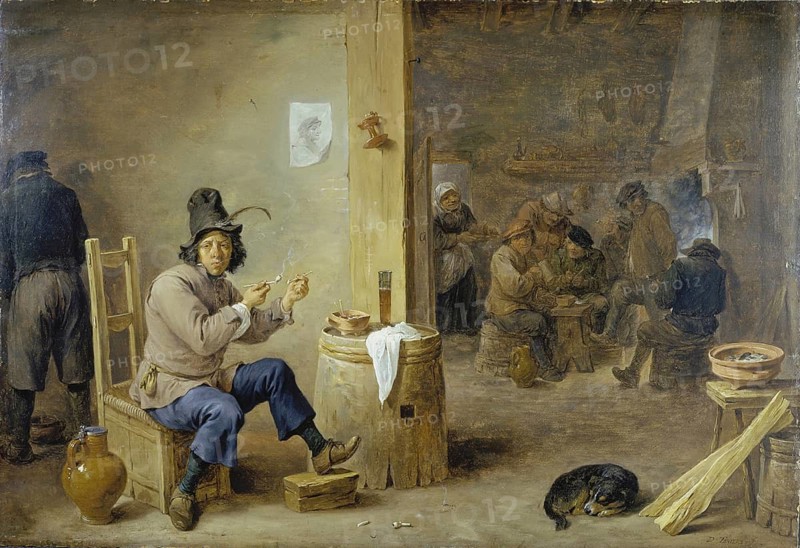 Smoker in an Inn (ca. 1659), painting by David Teniers (baptised 15 December 1610 in Antwerp, died 25 April 1690 in Brussels), Flemish painter, draughtsman and curator. He was an innovator in a variety of genres such as history painting, genre painting, landscape, portrait and still life. He is most remembered today as the leading Flemish genre painter of his time, reproduction from a 17th century painting. Authentic, file restored for optimal use, exact date of original unknown
