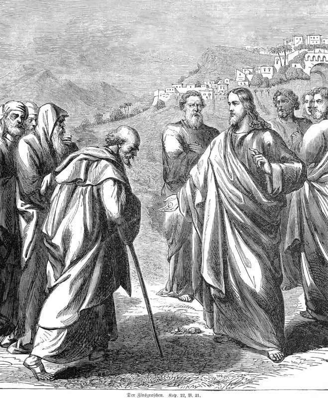 The interest penny, chapter 22, verse 21, landscape, place, mountain, emperor, hypocrite, interest, money, coin, God, question, answer, instruction, Matthew Gospel, New Testament, Bible, historical illustration 1850
