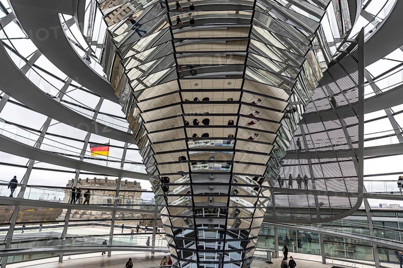 Reichstag building Berlin. Seat of the German Bundestag. Visitors in the dome on the roof of the building. Berlin, Germany