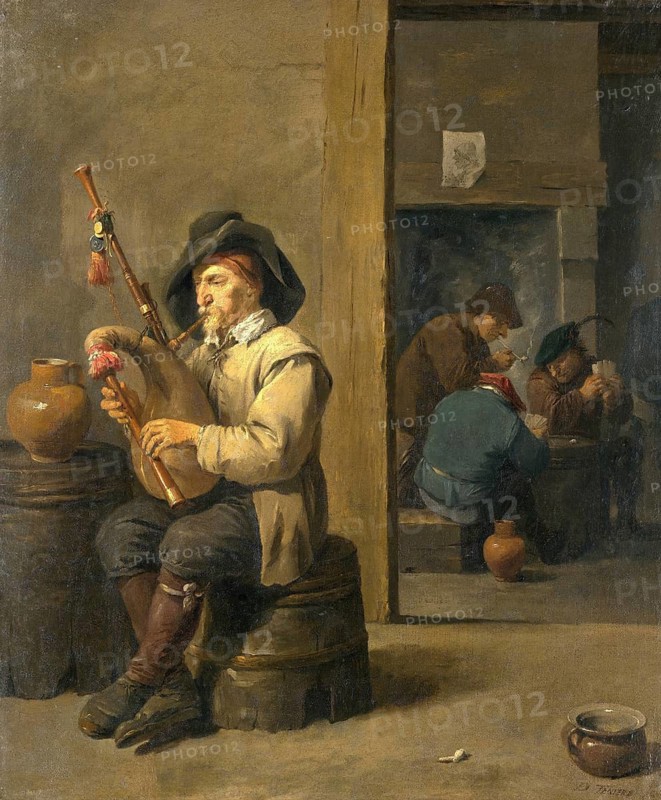 Bagpiper in an inn, painting by David Teniers (baptised 15 December 1610 in Antwerp, died 25 April 1690 in Brussels), Flemish painter, draughtsman and curator. He was an innovator in a variety of genres such as history painting, genre painting, landscape, portrait and still life. He is most remembered today as the leading Flemish genre painter of his time, reproduction from a 17th century painting. Authentic, file restored for optimal use, exact date of original unknown