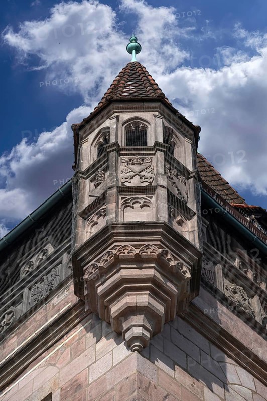 Corner tower of the Nassau House, historic medieval residential tower, Karolinenstr, Nuremberg, Middle Franconia, Bavaria, Germany