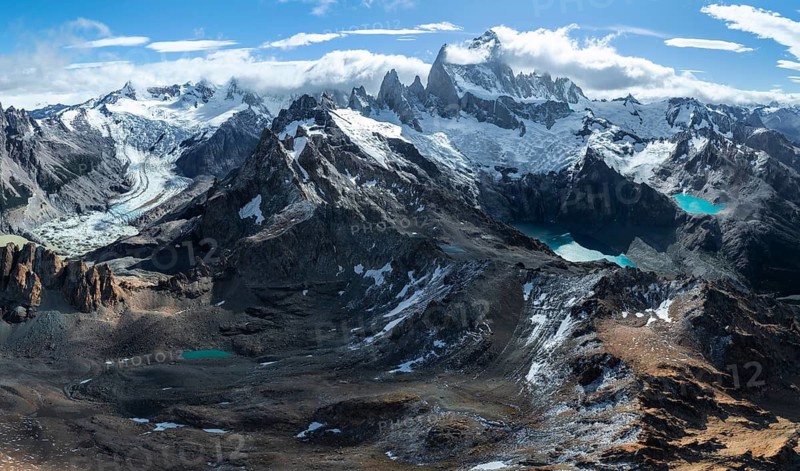 Aerial view, epic panorama, large glaciers, glacial lakes Lago de los Tres Laguna Sucia and Laguna Torre, mountains and peaks of Monte Fitz Roy and Cerro Torre, Fitz Roy mountain range, Cerro Chalten, Los Glaciares National Park, Patagonia, Santa Cruz Province, Argentina