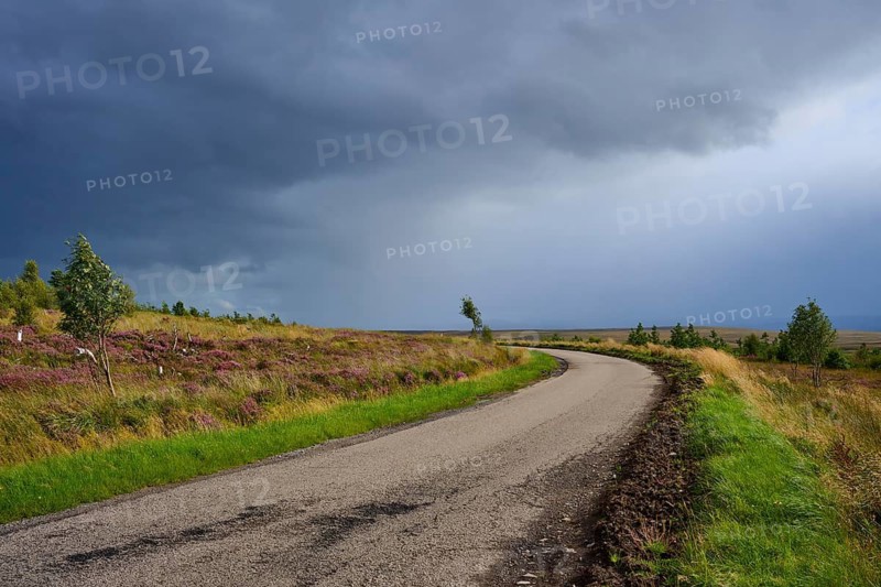 Curvy road in a landscape under a menacingly cloudy sky, Lairg, Scotland, United Kingdom, Great Britain