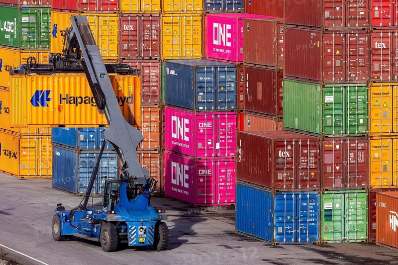The port of Mannheim is one of the most important inland ports in Europe. The harbor basins stretch across the Rhine and Neckar. Container terminal in Mühlauhafen. Mannheim, Baden-Württemberg, Germany