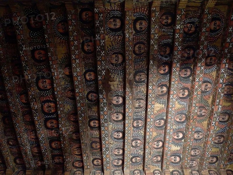 Richly decorated wooden ceiling with recurring religious symbols, Debre Birhan Selassie Church, Fasil Ghebbi, Historic Stone Building, Orthodox Church, Gondar, Ethiopia