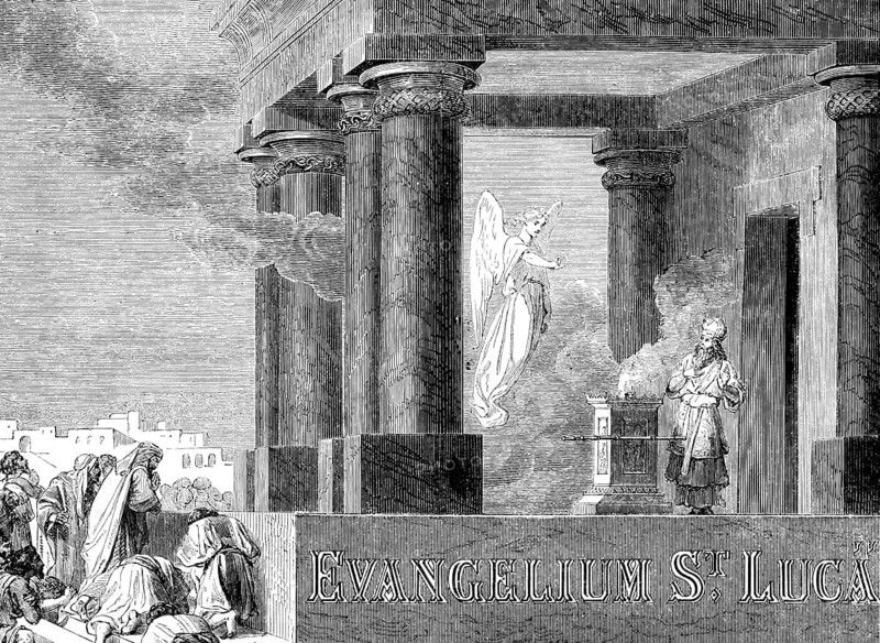Opening image to the Gospel of Luke, New Testament, temple, priest, sacrifice, fire, angels, praying people, title, Bible, historical illustration 1850
