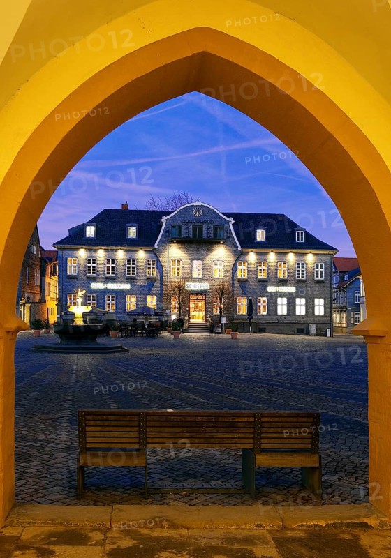 View from the open hall of the late Gothic town hall in Goslar in the evening onto the market square with the Kaiserringhaus, UNESCO World Heritage Site, Lower Saxony, Germany