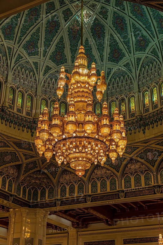Dome and illuminated chandelier in the Sultan Qaboos Mosque, Muscat, Arabian Peninsula, Sultanate of Oman