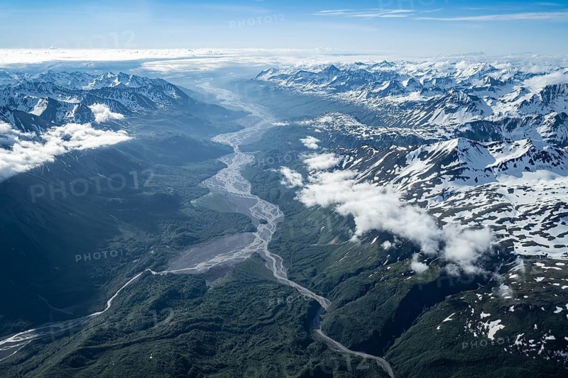 Mountain valley, snow and ice, epic mountains with glaciers, aerial view, Alaska Range, Denali National Park, Alaska, USA