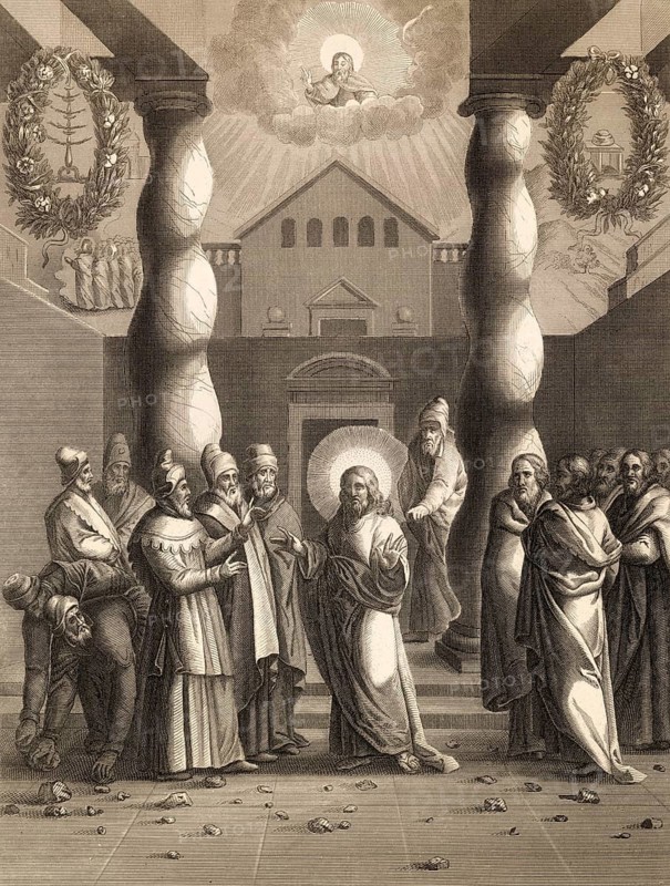 Pharisees try to trap Jesus, New Testament, steel engraving 1853, digitally restored