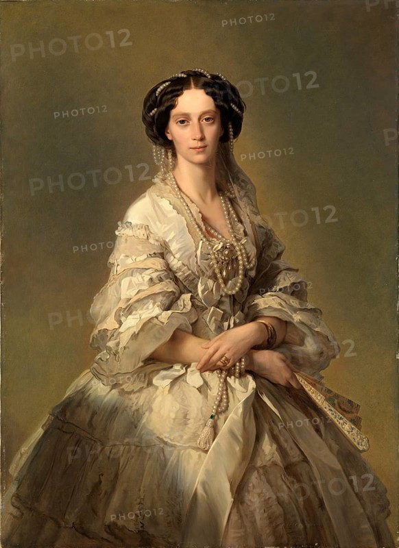 Franz Xaver Winterhalter (20 April 1805 - 8 July 1873), German painter, he was one of the most sought-after and famous portrait painters, here his work:, Tsarina Marie Alexandrovna of Russia (1862), Painting, Reproduction of the painting, Work of art, Historical, Elegant woman in detailed historical dress with pearl necklace and calm expression