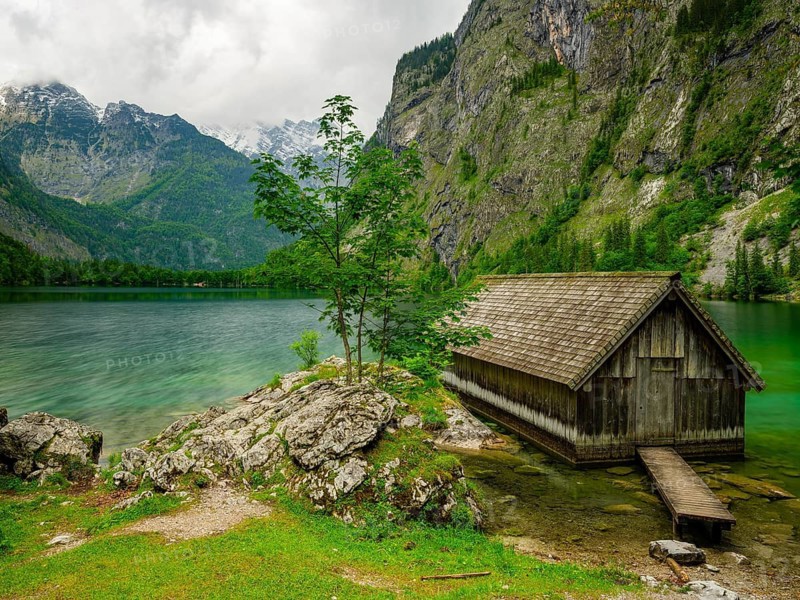 Boathouse at the Obersee near Königssee in the Berchtesgaden National Park, Schönau am Königssee, Berchtesgadener Land, Upper Bavaria, Bavaria, Germany