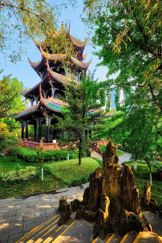 Wangjiang Pavilion in Wangjianglou Park among trees. Chengdu, Sichuan, China