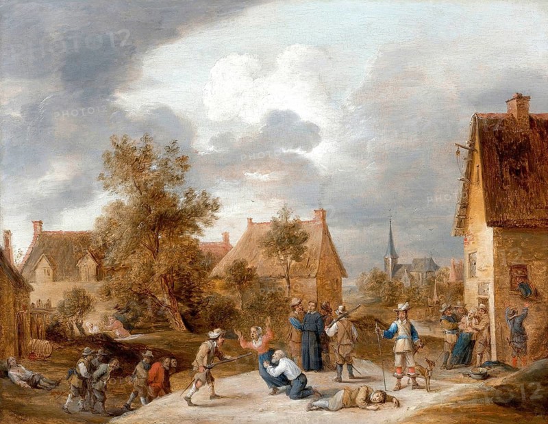 Soldiers sacking a village, painting by David Teniers (baptised 15 December 1610 in Antwerp, died 25 April 1690 in Brussels), Flemish painter, draughtsman and curator. He was an innovator in a variety of genres such as history painting, genre painting, landscape, portrait and still life. He is most remembered today as the leading Flemish genre painter of his time, reproduction from a 17th century painting. Authentic, file restored for optimal use, exact date of original unknown