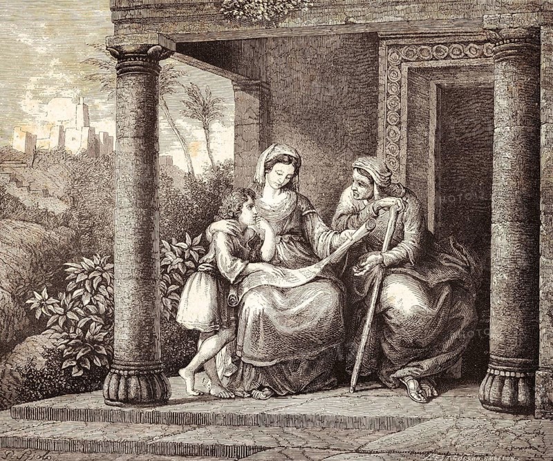 Second epistle of the Apostle Paul to Timothy, chapter 1, verse 5, Timothy is taught in the Holy Scriptures, Paul's epistle, letter, mother, grandmother, house, pillars, reading, Bible, New Testament, historical illustration 1850