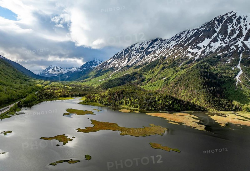 Lake Tern Lake and mountain landscape, aerial view, Moose Pass, Kenai Peninsula, Alaska, USA