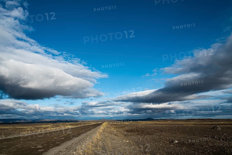 Iceland, Europe, Northern Europe, Scandinavia, lonely road, dirt road, low-hanging clouds, blue sky, loneliness, wilderness, untouched