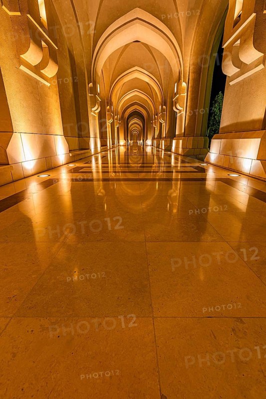 Illuminated arcades at the Sultan's Palace, Muscat, Arabian Peninsula, Sultanate of Oman