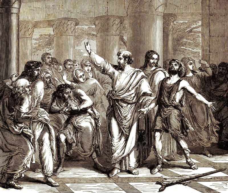 Peter speaks to the people of Israel, Acts of the Apostles, chapter 3, verse 16, New Testament, God, Jesus Christ, Pilate, kill, resurrect, ignorance, suffering, crowd, terror, fear, unbelief, Bible, historical illustration 1850