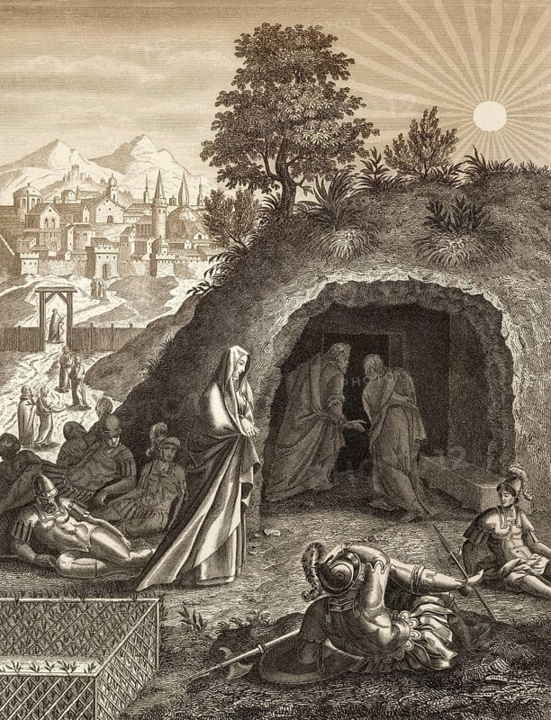 The empty tomb, Resurrection of Jesus, New Testament, steel engraving 1853, digitally restored