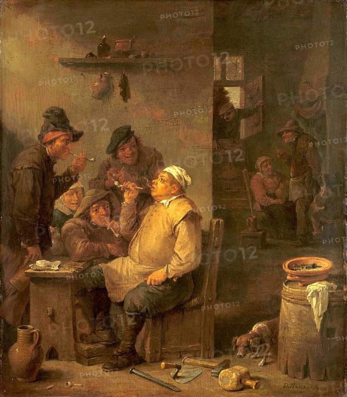 Mason Smoking with Companions in a Tavern (c. 1675), painting by David Teniers (baptised 15 December 1610 in Antwerp, died 25 April 1690 in Brussels), Flemish painter, draughtsman and curator. He was an innovator in a variety of genres such as history painting, genre painting, landscape, portrait and still life. He is most remembered today as the leading Flemish genre painter of his time, reproduction from a 17th century painting. Authentic, file restored for optimal use, exact date of original unknown