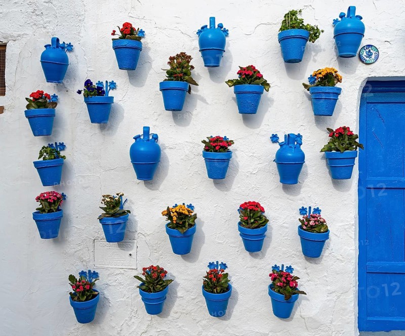 Blue flower pots on whitewashed wall, Castle of Iznajar, Castillo de Iznájar, Andalusia, Spain