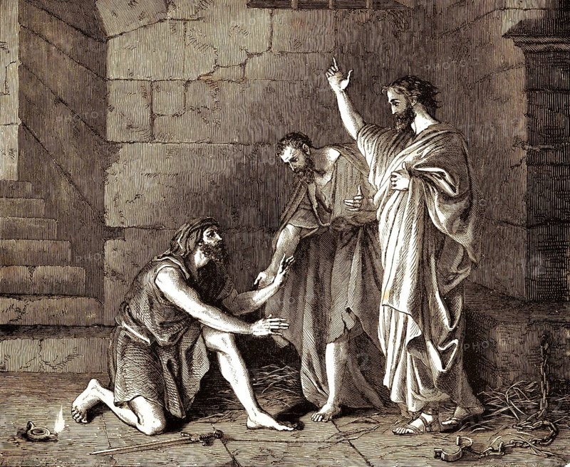 Believe in the Lord Jesus Christ and you and your house will be saved, Paul kneels down to Paulo and Silady, Acts of the Apostles, chapter 16, verse 31, New Testament, prison, cellar, shackle, sword, Bible, historical illustration 1850