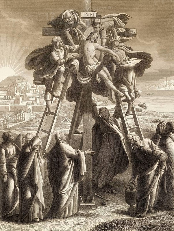 The body of Jesus is taken down from the cross by Joseph of Arimathea, New Testament, steel engraving 1853, digitally restored